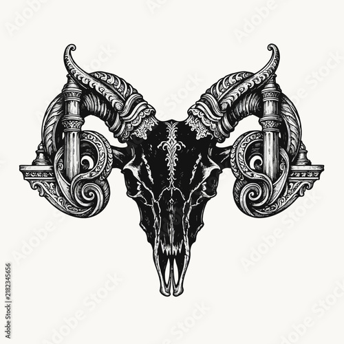 Intricate ram skull illustration with ornate details on a light background