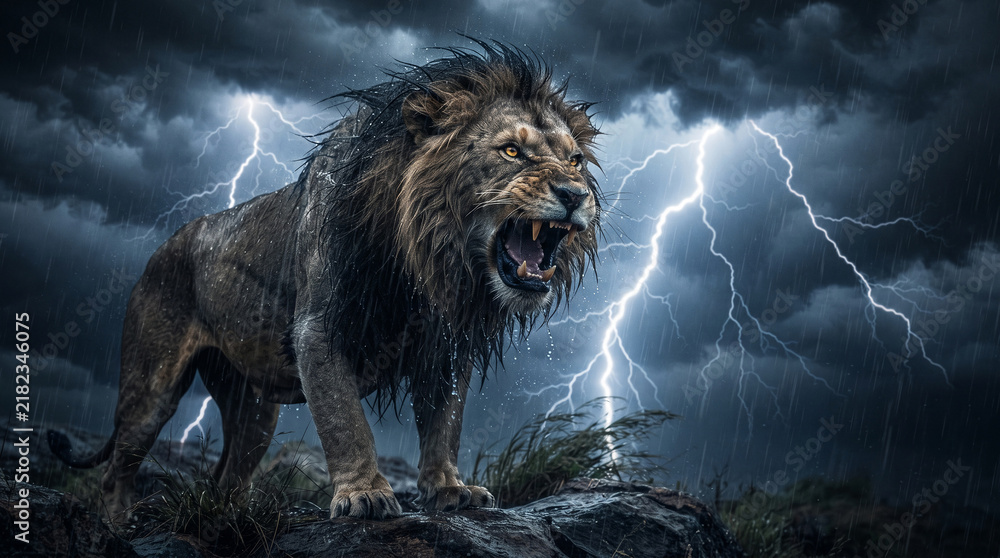 Obraz premium A fierce lion roars during a dramatic thunderstorm, rain and lightning creating a powerful and wild scene, symbolizing strength and resilience.