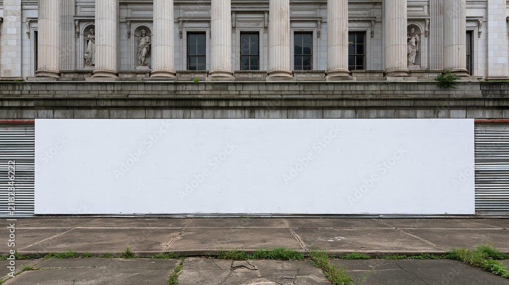 Obraz premium Blank White Billboard on Grungy Urban Street in Front of Classical Architecture