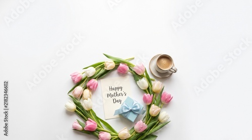 Beautiful Mother Day Floral Wreath Arrangement with Coffee and Gift for Festive Spring Holiday Celebration