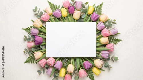 Beautiful spring tulip flower arrangement in a circle with a central blank white card on white background