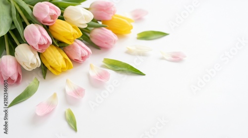 Beautiful pastel tulips bouquet with scattered flower petals on a clean white background for spring greeting card design