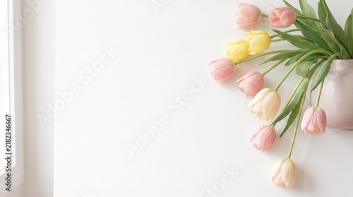 Fresh pastel pink and yellow tulips in a light vase against a bright white wall, creating a serene and minimalist spring floral arrangement, perfect for home decor
