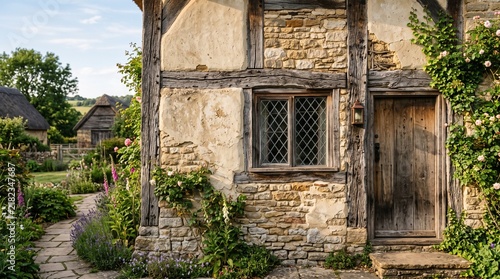Old stone cottage features a timber frame and lush garden.