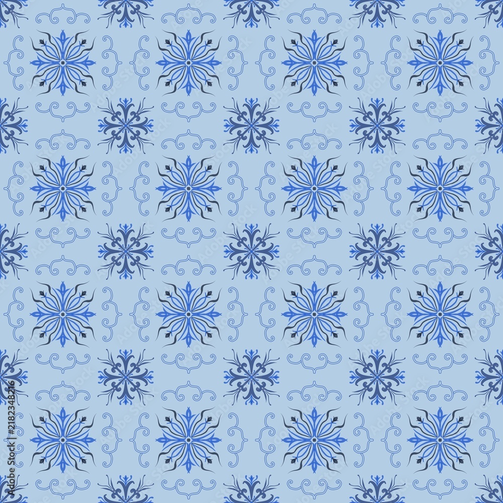  Light blue and dark blue winter snowflake seamless pattern, elegant ice crystal repeating background vector illustration