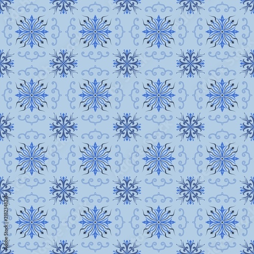  Light blue and dark blue winter snowflake seamless pattern, elegant ice crystal repeating background vector illustration