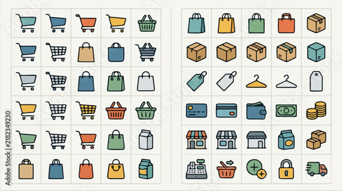 Shopping And Ecommerce Symbols S Vector Icon Set - Flat Design Symbols Collection Featuring ecommerce, retail, store, cart, buy for Web, App, UI and Business Presentation, Editable Stroke...