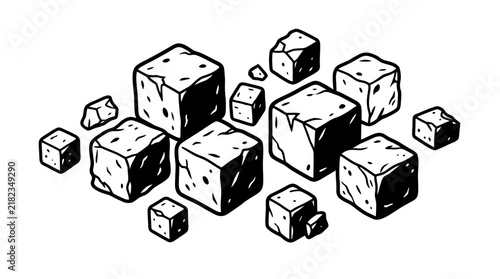 Vector graphic illustration of cracked rough stone cubes and block mineral pieces in comic line art style
