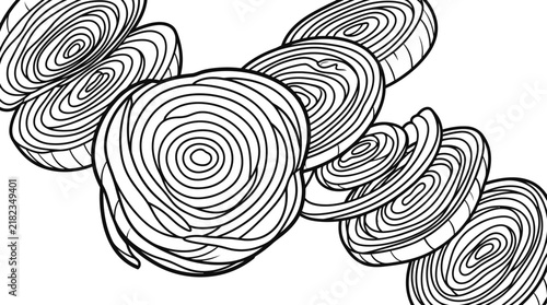 Vector illustration of sliced fresh onion rings with detailed line art contours for culinary design