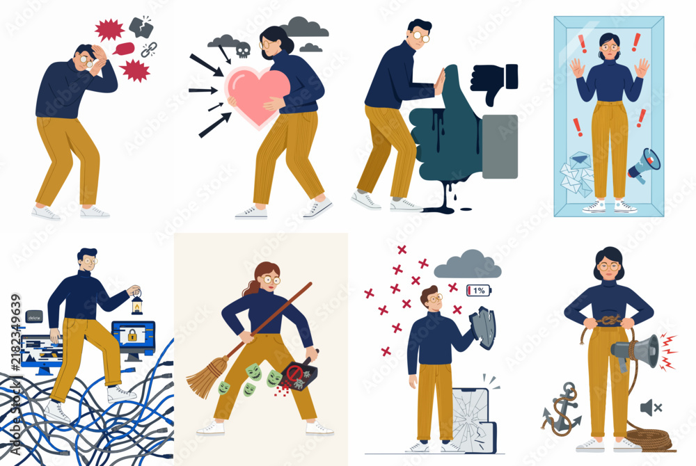 Fototapeta premium Set of vector illustrations depicting people facing various mental health challenges, emotional stress, and social media pressures in modern life.