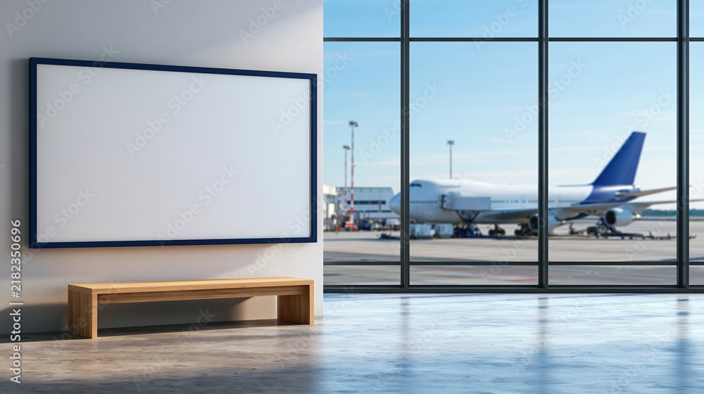 Obraz premium Modern airport lounge with blank advertising frame and airplane view
