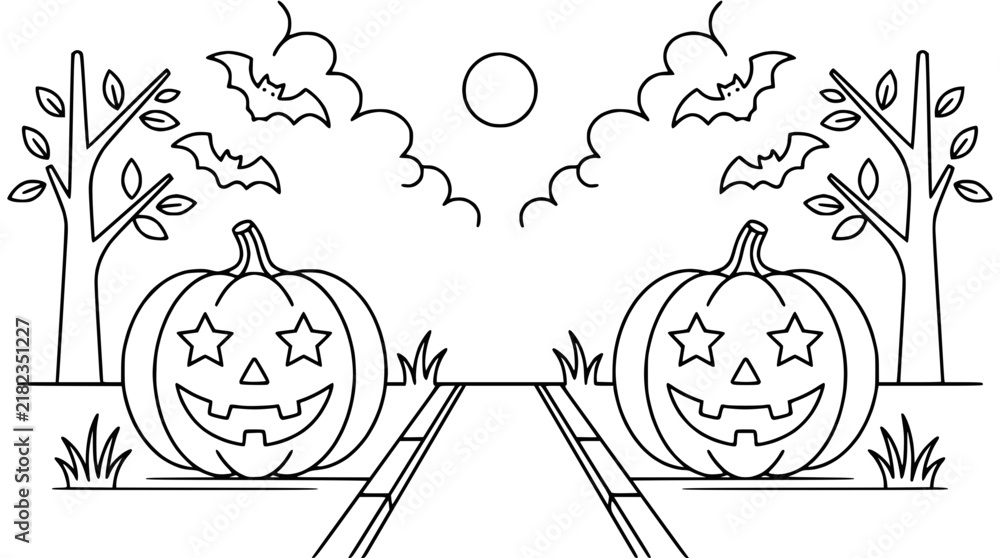 Fototapeta premium Jack o lantern pumpkins and bats outdoor coloring page line art