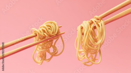 chopsticks with noodles lifted mid-air