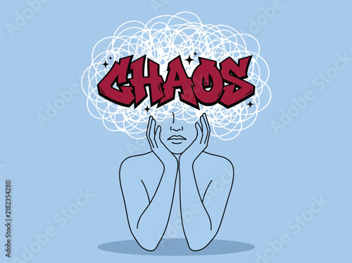 Obraz na płótnie Woman experiencing mental chaos and stress with a cloud of chaotic thoughts above her head