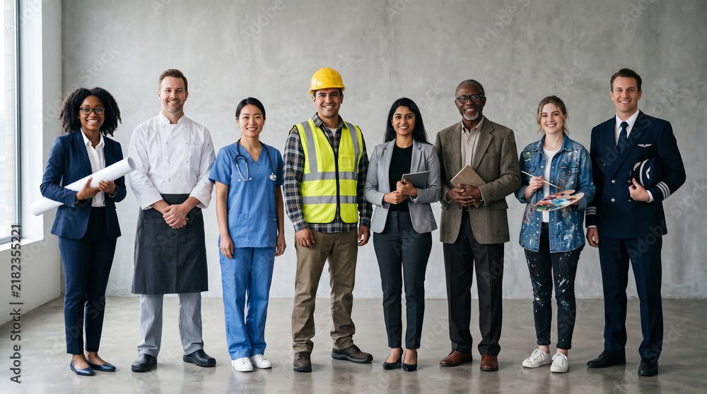Fototapeta premium Diverse group of professionals standing together, representing various careers and industries, symbolizing unity and collective effort in society.