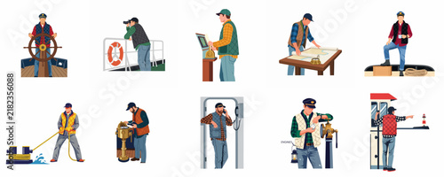 Obraz na plátne Collection of maritime crew illustrations featuring professionals in various roles like captain, navigator, deckhand, and technician performing shipboard and harbor duties
