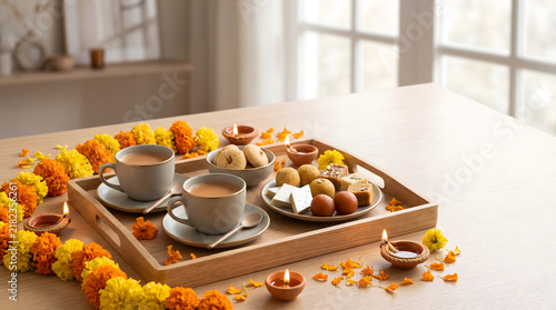 Modern Indian tea and sweets arrangement with masala chai, biscuits and festive decor.