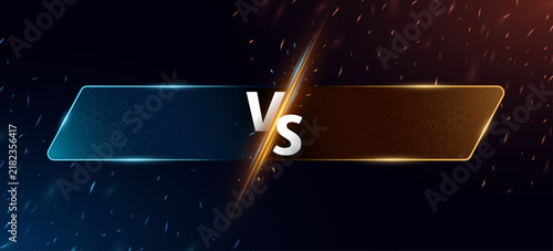 Futuristic versus battle banner featuring two opposing glowing blue and orange panels separated by a dramatic light beam with a bold VS symbol. Design for competitors or gaming teams. Vector.