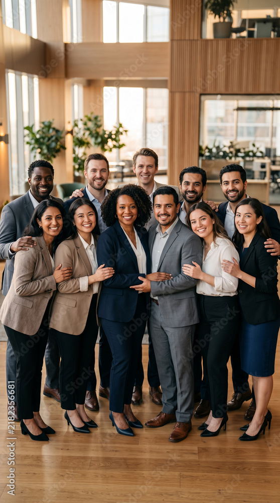 Fototapeta premium Diverse business team in formal attire, posing together with smiles, symbolizing collaboration and success in a modern office setting