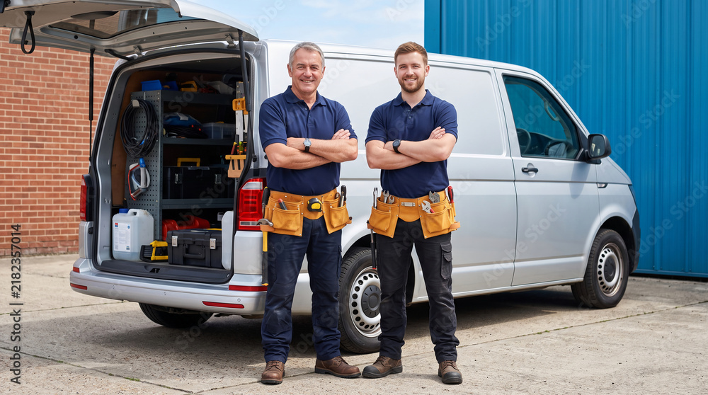 Obraz premium Two male tradespeople stand confidently next to a fully equipped service van, representing professionalism and reliable service delivery