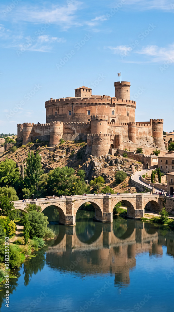 Obraz premium A medieval castle stands atop a hill overlooking a river with a stone bridge, representing history, architecture, and travel