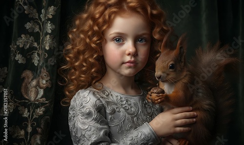 Beautiful little girl with curly red hair holding red squirrel with acorn. Child and wild animal friendship in classical portrait style. Fairy tale and fantasy concept for book cover and art print