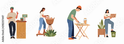 Set of flat illustrations showing people practicing sustainable habits like recycling, buying local, and zero-waste living in their daily lives.
