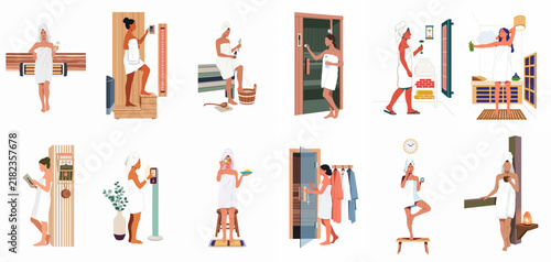 Collection of diverse women enjoying various wellness, spa, and self-care activities, including sauna, skincare, and relaxation, in a minimalist flat illustration style.