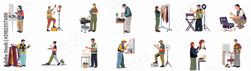 Set of Film and Television Production Crew Illustrations Including Stylists, Technicians, and Makeup Artists Working Behind the Scenes