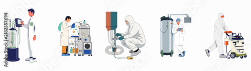 Set of flat illustrations depicting scientists and industrial professionals working in laboratory and cleanroom environments with high-tech equipment for research and manufacturing.