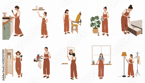Flat vector illustration set of a young woman engaged in various daily activities, household chores, and creative hobbies at home.