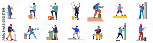 Vector Illustration Set of Graffiti Artists and Street Performers Using Spray Cans and Paint Tools in Various Creative Poses Isolated on White Background