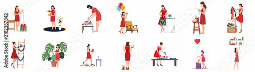 Set of illustrations of a woman in a red dress engaged in various household tasks, chores, and lifestyle activities, isolated on white.