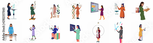 Set of flat vector character illustrations depicting women in STEM, teaching, and professional business environments, isolated on a white background.