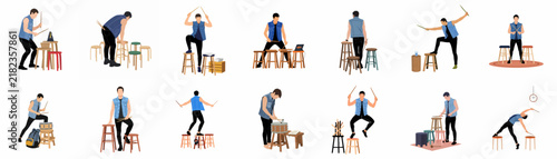 A grid compilation of a young man wearing a denim vest, displaying multiple creative poses with wooden stools on a white background.