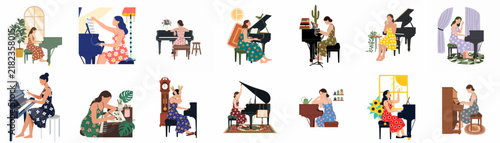 Collection of flat vector illustrations featuring diverse women playing the piano in various cozy domestic settings, perfect for music and lifestyle themes.