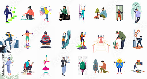 Large collection of diverse vector character illustrations depicting people engaged in various modern hobbies, professional activities, and technology-driven experiences.