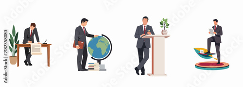 Businessman Professional Activities Illustration Set Featuring Writing at Desk, Analyzing Global Markets, Public Speaking at Podium, and Achieving Career Milestones.