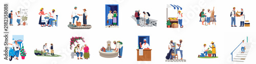 Collection of Flat Vector Illustrations Depicting Travelers and Locals in Diverse Mediterranean Village Scenarios and Everyday Activities.