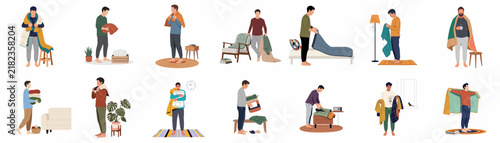 Set of flat vector illustrations depicting various men performing domestic chores, including laundry, folding clothes, and tidying their homes.