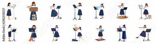 Collection of various flat vector illustrations of a schoolgirl playing the flute with a music stand, isolated on a white background.