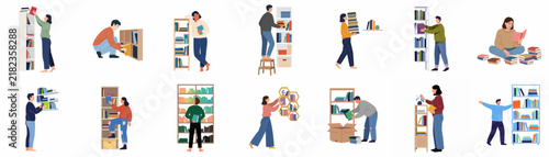 Vector illustration set of people organizing bookshelves, carrying stacks of books, and reading, showcasing library and home book organization activities.