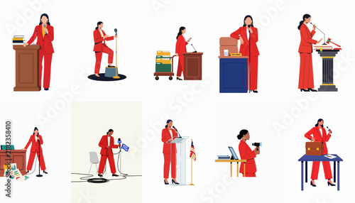 Set of flat vector illustrations depicting a professional woman in a red suit engaged in public speaking, politics, and leadership activities.