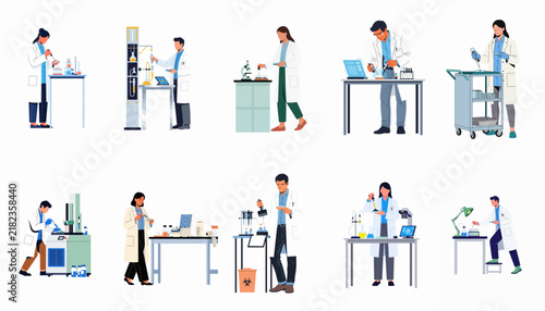 Set of flat vector illustrations of diverse scientists and lab technicians conducting research, experiments, and analysis in a modern laboratory environment.