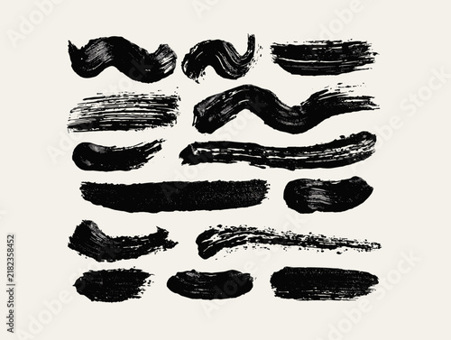 Black paint brush strokes collection, grunge artistic ink textures and distressed hand drawn lines. Abstract vector illustration for creative branding, graphic design, posters and social media assets