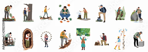 Collection of flat vector illustrations depicting people, scientists, and children exploring, observing, and studying nature in the great outdoors.