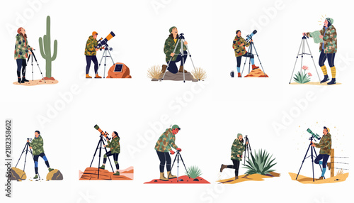 Illustration set of people using telescopes for stargazing and observation in various desert and outdoor wilderness environments on a white background.