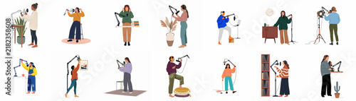 Set of flat vector illustrations of people recording podcasts and radio shows in home studios, using professional microphones and headphones.