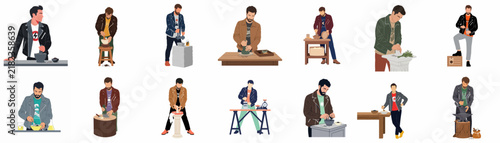 Collection of flat vector illustrations of male characters engaged in DIY projects, woodworking, and manual crafts at workbenches, isolated on white.