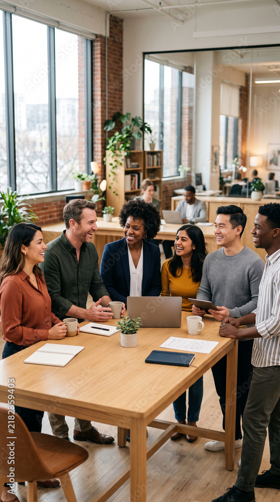 Obraz premium Diverse group of colleagues collaborating around a wooden table in a modern office, symbolizing teamwork, innovation, and success.